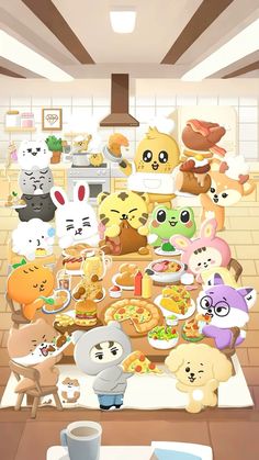 a table full of stuffed animals and food