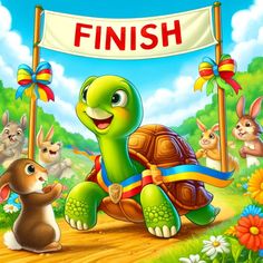 a cartoon turtle with rabbits and other animals in the background holding a sign that says finish