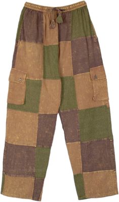 A subtle color combination in hippie pants, this style is loose, comfortable, and bohemian with an array of patchwork in pastel colors like shades of brown and green. These wide-leg pants come with two low-lying front box pockets which are hippie stylish and also functional for storing small essential items. #tlb #SplitSkirtsPants #Patchwork #Pocket #bohemianfashion #Handmade #Unisex #GypsyPants Brown Patchwork Wide Leg Bottoms, Casual Beige Patchwork Pants, Baggy Wide Leg Cargo Pants With Patchwork, Festival Brown Patchwork Bottoms, Casual Brown Patchwork Pants, Brown Patchwork Long Pants, Brown Baggy Patchwork Bottoms, Baggy Brown Patchwork Bottoms, Hippie Style Wide Leg Brown Bottoms