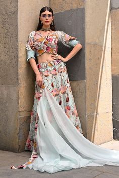 Powder blue attached cancan lehenga with heavy floral thread work. Paired with a floral embroidered padded blouse and embroidered dupatta. - Aza Fashions Powder Blue Lehenga, Thread Work Lehenga, Lucknowi Lehenga, Off Shoulder Lehenga, Blue Couture, Cancan Lehenga, Cape Lehenga, Kurta Lehenga, Lehenga Pattern