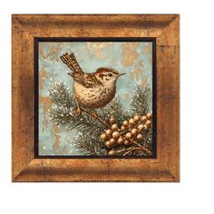 a painting of a bird sitting on top of a pine branch with berries and cones