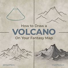 Tutorial on how to draw a volcano on your fantasy maps Volcano Drawing, Fantasy Map Maker, Kartu Pokemon, Map Maker, Writing Fantasy