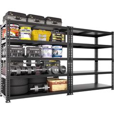 a garage shelving unit with lots of tools