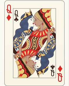 a playing card with two women holding each other's hands in the shape of a heart