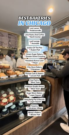 people are standing in front of the bakery counter