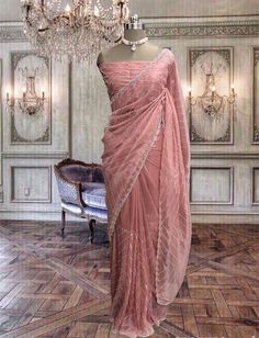 Beautiful peach hand embroidered semi transparent saree with running embroidered blouse piece Crepe Saree, Georgette Blouse, Satin Saree, Net Saree, Velvet Blouses, Organza Saree, Work Sarees, Saree Look, Thread Work