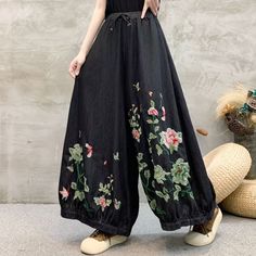 Sku CY-!125395 Material Denim Style Elastic Waist, Wide Leg Feature Embroidered Neckline / Occasion Casual, Vintage Seasons Summer Type Pants Color Black, Blue Size L, XL Size Chart: Please consult the size chart we provide for this item's measurements to help you decide which size to buy. Please note: There may be 1-3cm differ due to manual measurement. CM Waist Hip Thigh Length L 70-106 144 100 94 XL 74-110 148 104 95 Embroidered Denim Blue Casual Bottoms, Casual Embroidered Denim Blue Bottoms, Summer Embroidered Wide Leg Jeans, Embroidered Wide-leg Denim Bottoms, Embroidered Wide Leg Denim Bottoms, Embroidered Denim Wide-leg Bottoms, Embroidered Wide Leg Denim Blue Pants, High Waist Embroidered Denim Blue Bottoms, Embroidered Denim Blue Pants