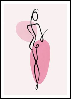 a pink and black abstract painting with a female figure in the center on a light pink background