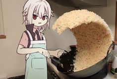 an anime character is cooking rice in a pan