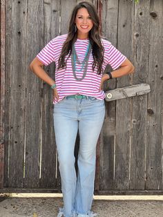 Perfect top for everyday wear! Hot pink striped top Causal top but oh-so-cute Pairs great with lightwash denim shorts or jeans Longer short sleeves that come right above the elbows Lacee is wearing the size small here, wears smalls in tops, 27/28 in jeans 95% Cotton 5% Spandex Pink Relaxed Fit Top With Vertical Stripes, Pink Relaxed Fit Tops With Vertical Stripes, Denim Short Sleeve T-shirt For Spring, White Short Sleeve Denim Tops, White Denim Short Sleeve Top, Trendy Spring T-shirt With Vertical Stripes, Casual T-shirt With Vertical Stripes For Spring, Medium Wash Short Sleeve Tops For Everyday, Everyday Medium Wash Short Sleeve Tops