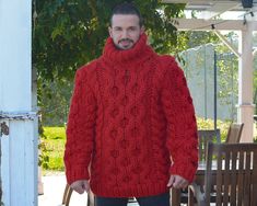 "MATERIAL : 5 strands of 100 % soft wool COLOUR : Red ( There may be a slight difference because of the different monitors' representation) ♥ In the picture the model is wearing a garment with these measurements : A: ( Body lenght) : 29.5 \" / 75 cm B: ( Chest width) : 21.7 \" / 55 cm C: (Sleeve from under the arm) : 23.6\" / 60 cm D: (Neck unrolled) : 14.6 \" / 37 They are taken with the item laid flat and not streched. ♥ For choosing your size please look at size chart in our listing pictures. Sweater Tunics, Pull Mohair, Mens Knit, Plus Size Pullover, Plus Size Sweater, Pullover Sweater Men, Chunky Knit Sweater, Mohair Sweater, Plus Size Sweaters