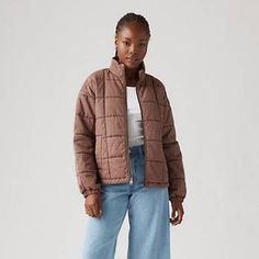 Box Quilted Cotton Jacket - Pink | Levi's® US Bungee Cords, Cotton Jacket, Green Jacket, Lightweight Jacket, Stand Collar, Levi's, Cotton Fabric, Collar, Fabric