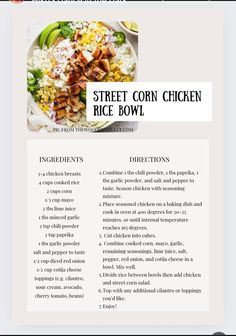 the recipe for street corn chicken rice bowl is shown in this screenshote screen shot