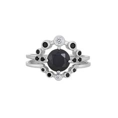 A black center stone is surrounded by an ellipse of black and white graduated stones in this bold 2 ring set. Whimsical Jewelry, Art Deco Inspired, Ring Set, Ring Sets, Silver Gold, Gold Plate, Art Deco, 925 Sterling Silver, Yellow Gold