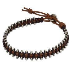 Florid Silver Beads on Hand Crafted Brown Leather Bracelet - Hill Tribe Bouquet | NOVICA Leather Wristband, Brown Leather Bracelet, Leather Wristbands, Wristband Bracelet, Silver Buttons, Women Artisans, Jewelry Packaging, Gemstone Bracelets, Jewelry Gift Box