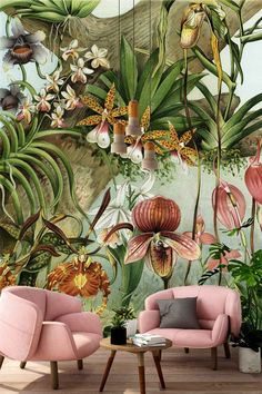 a living room filled with pink furniture and lots of tropical plants on the wall behind it