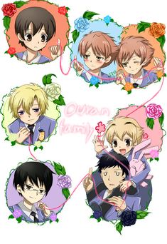 four anime characters with flowers around them