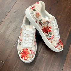 New With Tags. Adorable Embroidered Sneakers Floral Print Textile Lace-up Sneakers, Casual Embroidered Slip-on Sneakers, Floral Print Textile Sneakers For Spring, Spring Slip-on Sneakers With Red Sole, Spring Sneakers With Red Sole, Spring Flat Sneakers With Red Sole, Red Casual Sneakers With Embroidered Logo, Casual Red Sneakers With Embroidered Logo, Casual Lace-up Sneakers With Floral Print