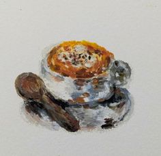 a painting of a cup and saucer with spoons next to it on a white surface