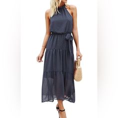 Purple Grey Women’s Casual Halter Neck Sleeveless. Long Maxi Dress. Backless. Sundress With Belt. 100% Viscose. Size Large. Chic Sleeveless Midi Dress In Chiffon, Chic Chiffon Sleeveless Dress For Garden Party, Chic Sleeveless Chiffon Evening Dress, Chic Sleeveless Midi Dress For Garden Party, Sleeveless Chiffon Sundress Midi Dress, Elegant Sleeveless Sundress For Vacation, Chiffon Sleeveless Midi Sundress, Elegant Sleeveless Chiffon Sundress, Sleeveless Halter Dress For Summer Garden Party