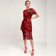 Perfect For A Fall Wedding Guest Dress Size Small Red Short Sleeve Wedding Dress, Red Midi Dress For Wedding And Holiday, Red Fitted Lace Prom Dress, Burgundy Lace Evening Dress, Red Fitted Midi Dress For Prom, Red Lace Midi Dress With Short Sleeves, Red Sheath Dress For Wedding, Red Fitted Dress For Wedding Guest, Red Short-sleeved Lace Dress