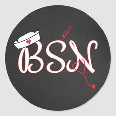 the word bsn is written in red on a black round sticker that says bsn