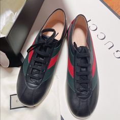 Au Gucci Men 8.5g Black Leather Falacer Bee Web Accents Sneakers Marked G 8.5 Which Is Equivalent To Us 9 Insole Approximately 11" Please Measure Insole And Know Your Gucci Size Style Number: 483266 Details Marked A G 8.5 Which Is Equivalent To Us 9 Style: Falacer Bee Made In Italy Black/Green Web Colors Bee Design In Back Rubber Non-Slip Soles Leather Insoles Made In Italy Condition: New With Box What Is Included: Box, Shoes And Dust Bags. Black Flat Sneakers With Leather Sole, Gucci Leather Shoes With Round Toe, Gucci Leather Sneakers With Leather Sole, Classic Black Gucci Leather Shoes, Gucci Lace-up Calf Leather Sneakers, Gucci Leather Slip-on Sneakers, Gucci Lace-up Sneakers With Leather Sole, Gucci Black Leather Shoes With Leather Sole, Gucci Black Leather Slip-on Shoes