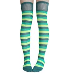 Bright And Cheerful, Just Like You! These Cute Thigh High Socks Feature Solid Horizontal Bands Of Bright Medium Green, Dark Green, And Lime Green. Made In Usa Size: Women's 7-11 Material: 80% Cotton, 20% Nylon & Elastic Length: 32” - 34” Before Stretched Cute Thigh High Socks, Striped Thigh Highs, Striped Thigh High Socks, Thigh High Sock, Thigh Socks, Thigh High Boots Heels, Over The Knee Socks, Stocking Tights, Thigh High Socks