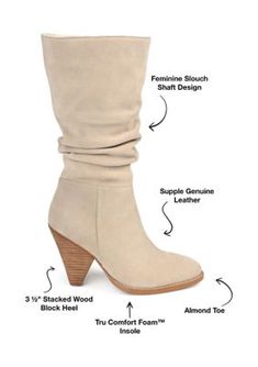 Sultry style defines the Syrinn by Journee Signature. This almond-toe boot features genuine leather uppers with slouchy detailing and an inside zipper at the calf. A 4 mm Tru Comfort Foam insole offers support and comfort, and a cone-shaped stacked heel elevates the look. | Journee Collection Women's Syrinn Boots, Sand, 12M Sultry Style, Almond Toe Boots, Journee Collection, Stacked Heel, Boot Shoes Women, A 4, Riding Boots, Almond, Leather Upper