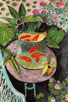 a painting of goldfish in a bowl on a table next to flowers and plants