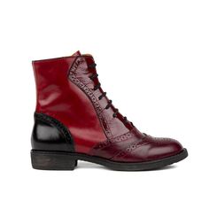 Brick Lane Boots Claret Red Black, a women's designer ankle boot, are handcrafted in Italian leather. They are a comfortable, lace up brogue ankle boot. Designer Ankle Boots, Brogues Style, Lane Boots, Black Color Combination, Claret Red, Italian Leather Shoes, Brick Lane, Womens Ankle Boots, Natural Leather