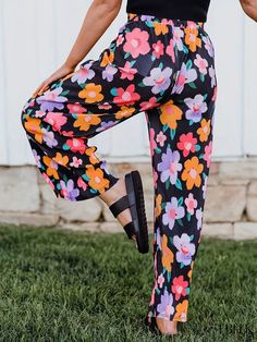 Ebeek - Womens Plus Size Floral Printed Ribbed Elastic High Rise Wide Leg Trousers with Medium Stretch - Casual Wear for Plus Size Casual Ribbed Bottoms For Spring, Casual Ribbed Bottoms For Vacation, Casual Ribbed Bottoms For Beach, Ribbed Bottoms For Vacation In Spring, Floral Printing, Wide Leg Trousers, Floral Printed, Knitted Fabric, Casual Wear