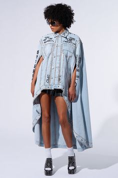 RHYTHM OF THE NIGHT DENIM CAPE Princess Fantasy, Fantasy Princess, Punk Princess, Whats New, Light Wash Denim, Style Board, Denim Dress, Unique Pieces, Cape