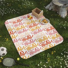 a picnic mat with tennis rackets and balls on the grass