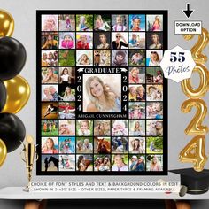 graduation photo collage with balloons and gold foil