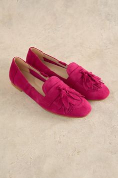 Take bold strides in our Bright Pink Monet Tassel Loafer. Crafted in Spain from suede and back by popular demand in this new colourway, this is a super-soft slip on shoe which features an inner sole that will mold to the shape of your foot. Pink Flat Loafers With Leather Sole, Pink Loafers With Leather Sole, Pink Leather Sole Flat Loafers, Pink Loafers With Leather Sole And Flat Heel, Suede Slip-on Tassel Loafers With Round Toe, Suede Tassel Loafers With Slip-on Round Toe, Suede Tassel Loafers With Slip-on Fit And Round Toe, Suede Round Toe Loafers For Spring, Suede Tassel Slip-on Moccasins