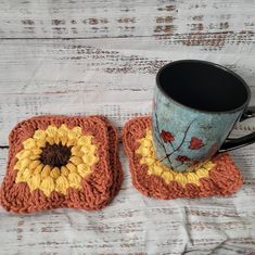 two crocheted coasters with a coffee cup on one and a mug holder on the other