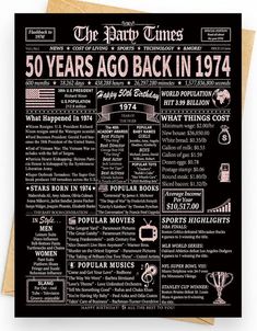 a black and white poster with the words 50 years ago back in 1974 on it