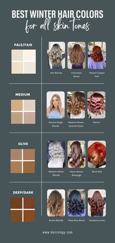 If you're searching for a winter hair color that suits your skin tone, you've come to the right place! My guide covers both classic and trending hair colors for all skin tones, including pale/fair, medium, olive, and deep/dark. You can choose from a range of shades, from rich brunettes to striking reds, to find the perfect dye shade that complements your skin tone. Download this hair color guide for free now and rock your winter look with confidence! Hair Colors For Olive Toned Skin, Hair Colours That Suit Pale Skin, Soft Winter Hair Color, Hair Dyes For Dark Skin, Blonde Hair For Winter Skin Tone, House Of Colour Winter Hair, Ginger Hair For Cool Skin Tones, Dark Winter Hair Color Palette, Winter Season Hair Color