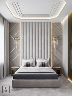 a large bed sitting in the middle of a bedroom next to a wall mounted chandelier