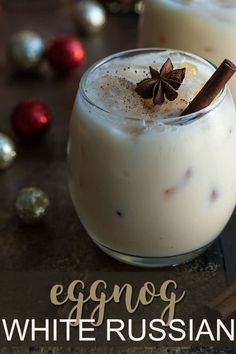 an eggnog white russian drink with cinnamon and star anise on the rim