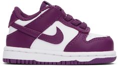 Low-top buffed leather and faux-leather sneakers in white and purple. · Perforated detailing at toe · Elasticized mock lace-up closure for easy on and off · Logo flag at padded tongue · Padded collar · Swoosh appliqué at sides · Logo embroidered at heel tab · Mesh lining · Treaded rubber sole Please note that this item may be shipped only within North America. Supplier color: White/White/Viotech Nike US Size: child's foot length 1: 2.75 / 7 cm 2: 3.25 / 8 cm 3: 3.5 / 9 cm 4: 4 / 10 cm 5: 4.25 / 11 cm 6: 4.75 / 12 cm 7: 5 / 13 cm 8: 5.5 / 14 cm 9: 6 / 15 cm 10: 6.25 / 16 cm Purple Dunk Low, Off Logo, Nike Baby, Low Sneakers, Dunk Low, White White, Logo Embroidered, Leather Sneakers, Baby Shop