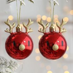 two red christmas ornaments with gold reindeer noses hanging from the top of each ornament