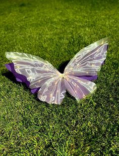 a purple butterfly sitting on top of a lush green field