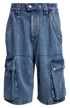 Well-faded denim made of lyocell and cotton furthers the easy comfort of Bermuda-length cargo shorts made with plenty of room to move or relax. 12 1/2" inseam; 22" leg opening; 13" front rise; 17" back rise (size 40) Zip fly with two-snap closure Front slant pockets; back patch pockets; cargo snap-flap bellows pockets 77% lyocell, 23% cotton Machine wash, dry flat Imported Designer Clothing Bermuda Cargo, Trend Analysis, Isabel Marant Etoile, Faded Denim, Back Patch, Cornflower Blue, Isabel Marant, Cargo Shorts, Snap Closure