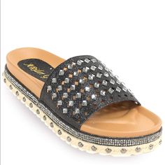 Such Cute Sandals!! I Love These But They Are Too Small. They Are A 9... But They Would Fit A Size 8! They Are Beautiful!!! Casual Vacation Sandals With Studded Outsoles, Casual Studded Sandals For Vacation, Black Sandals With Studded Rubber Outsoles For Beach, Studded Slip-on Sandals For Vacation, Womens Slides Sandals, Ladies Sandals, Cute Sandals, Womens Slides, Girl Shoes