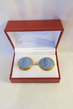 "Vintage Wedgwood Blue on Blue Jasperware Cameo Cufflinks - Marked \"1/20 12K GF\", \"Destino\", Hallmarked \"Wedgwood\" and \"S 67\"" Classic Intaglio Earrings For Formal Events, Classic Intaglio Earrings For Formal Occasions, Blue Cameo Jewelry For Formal Occasions, Formal Blue Cameo Jewelry, Wedgwood Blue, Vintage Cufflinks, Cufflink Set, Tie Accessories, Silver Enamel