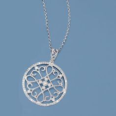 Ross-Simons - .10ct t. w. Diamond Filigree Circle Pendant Necklace. 18". Reminiscent of old world style, this circle pendant necklace draws the eyes with its open filigree design. The delicate curves and swirls are highlighted with texturing and .10 ct. t. w. of diamonds. Suspends from a rolo chain with a lobster clasp. Sterling silver pendant necklace. Diamond birthstones are the perfect gift for April birthdays. Pendant Necklace Diamond, Necklace Drawing, Black Diamond Solitaire, Elephant Pendant Necklace, Diamond Heart Pendant Necklace, Diamond Birthstone, Heart Locket Necklace, Diamond Solitaire Necklace, Old World Style