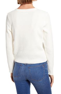 Slip into a neatly untucked look with this knotted-front top that's cut from a softly ribbed cotton blend. 22 1/2" length (size Medium) Crewneck Long sleeves 76% cotton, 24% polyester Machine wash, dry flat Imported t.b.d. Casual White Knit Top With Ribbed Collar, Basic Stretch Sweater For Fall, White Stretch Tops With Ribbed Collar, White Ribbed Collar Sweater For Spring, White Sweater With Ribbed Collar For Spring, Ribbed Cotton Knit Top For Fall, Spring Cozy Fit Knit Tops, Cozy Fit Knit Tops For Spring, Spring Knit Tops With Cozy Fit