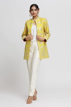 Yellow full sleeve blazer with resham embroidery in floral pattern and mandarin collared neckline. - Aza Fashions Formal Outerwear With Resham Embroidery, Formal Long Sleeve Outerwear With Resham Embroidery, Spring Embroidered Long Sleeve Bandhgala, Spring Bandhgala With Intricate Embroidery And Long Sleeves, Spring Long Sleeve Bandhgala With Floral Embroidery, Fitted Bandhgala With Chikankari Embroidery For Fall, Spring Designer Outerwear With Intricate Embroidery, Elegant Embroidered Bandhgala For Fall, Designer Spring Outerwear With Floral Embroidery